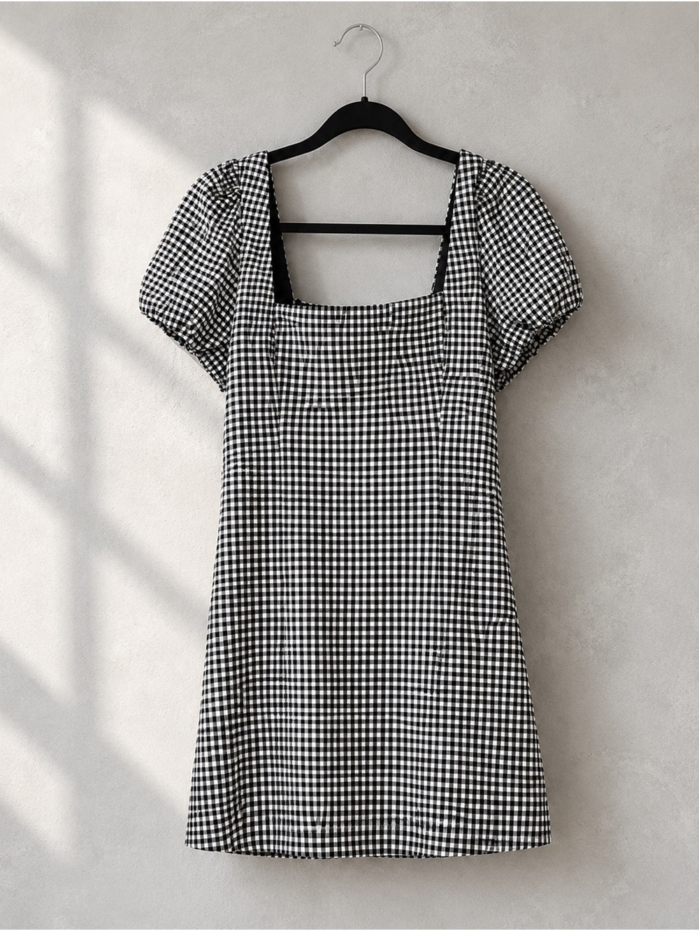 Zara NWT Black White Gingham Puff Sleeve Mini Dress Size L